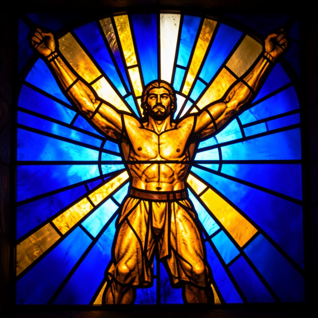 Stained-glass panel of a victorious fighter with arms raised, brilliant amber and sapphire segments radiating through dark lead lines.